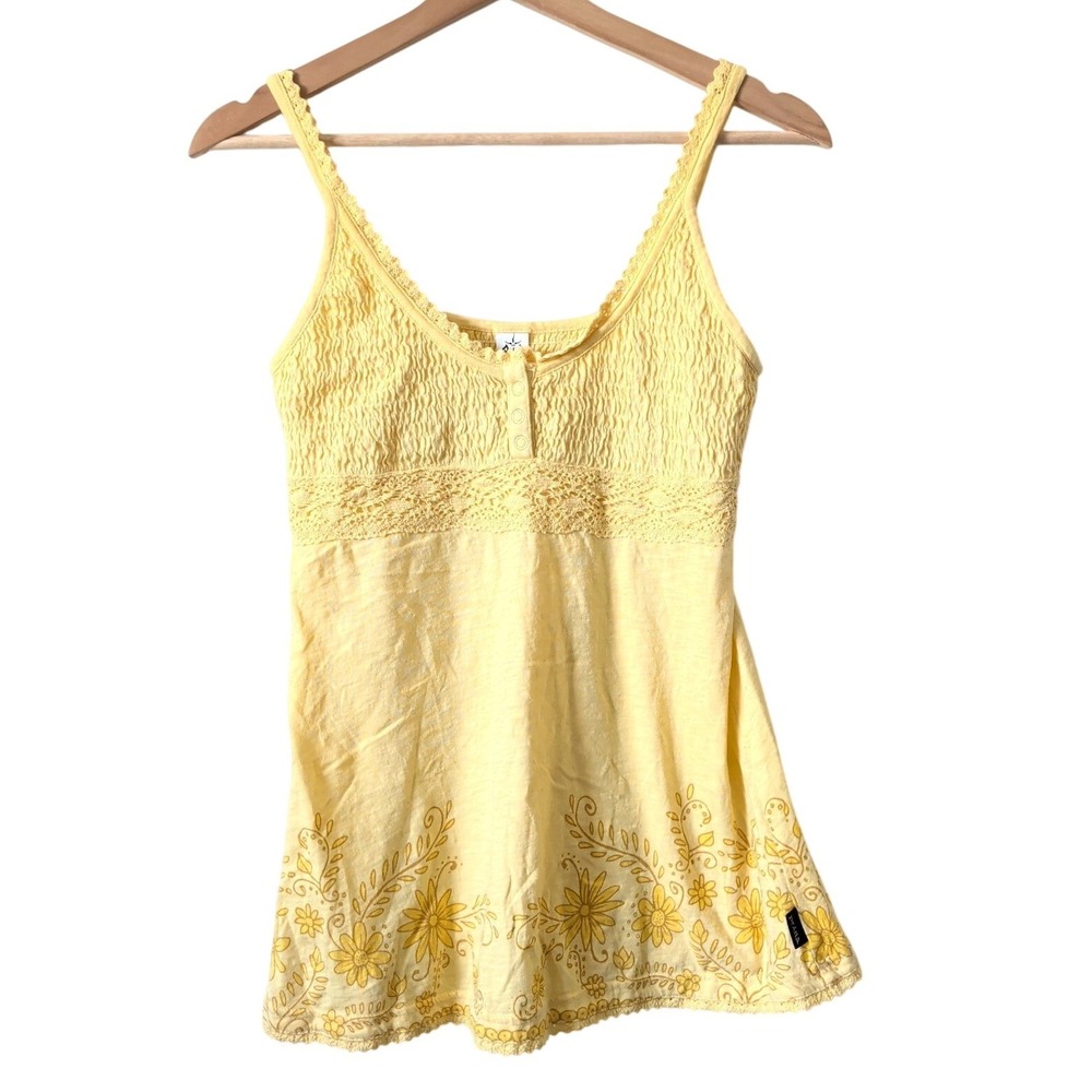 Vintage Y2K Prana Yellow Organic Cotton Smocked Cami Babydoll Tank Top Lace S